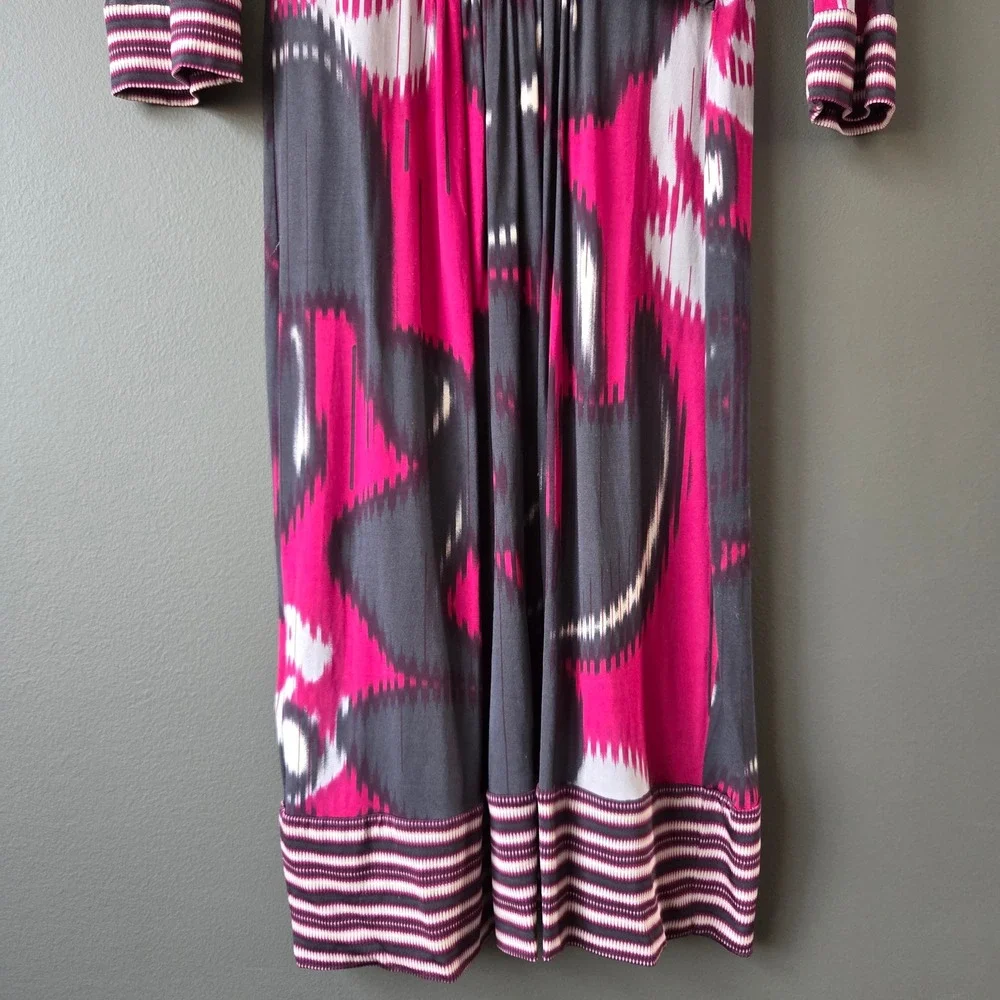 BCBGMAXAZRIA Women's Size S Pink Gray Ikat Print Draped Twist Front Midi‎ Dress